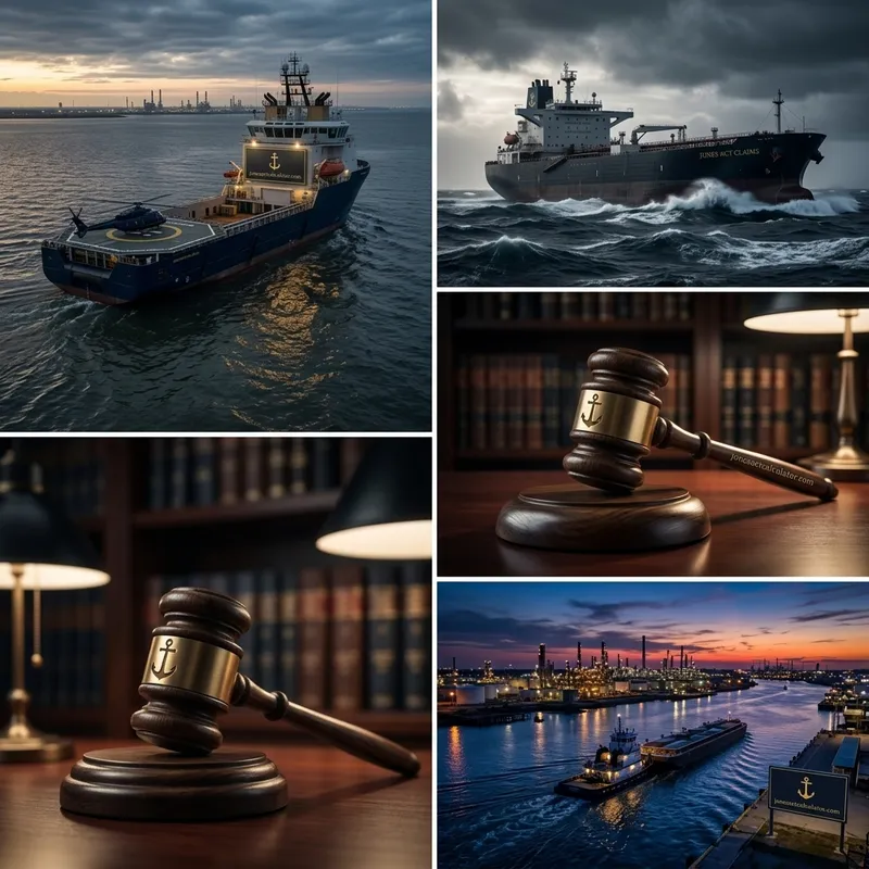 Maritime law collage showing offshore vessel, stormy seas, gavel and law books, and port sunset — Jones Act vs LHWCA comparison